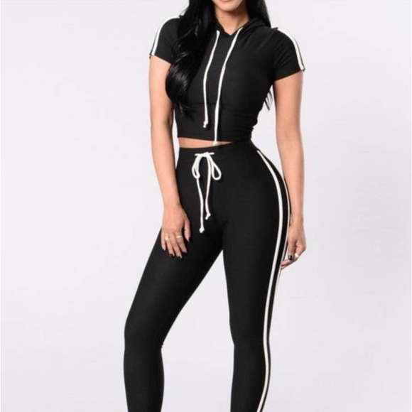 Fashion Nova Pants - Fashion Nova Black Double White Striped Casual Active High Waisted Leggings